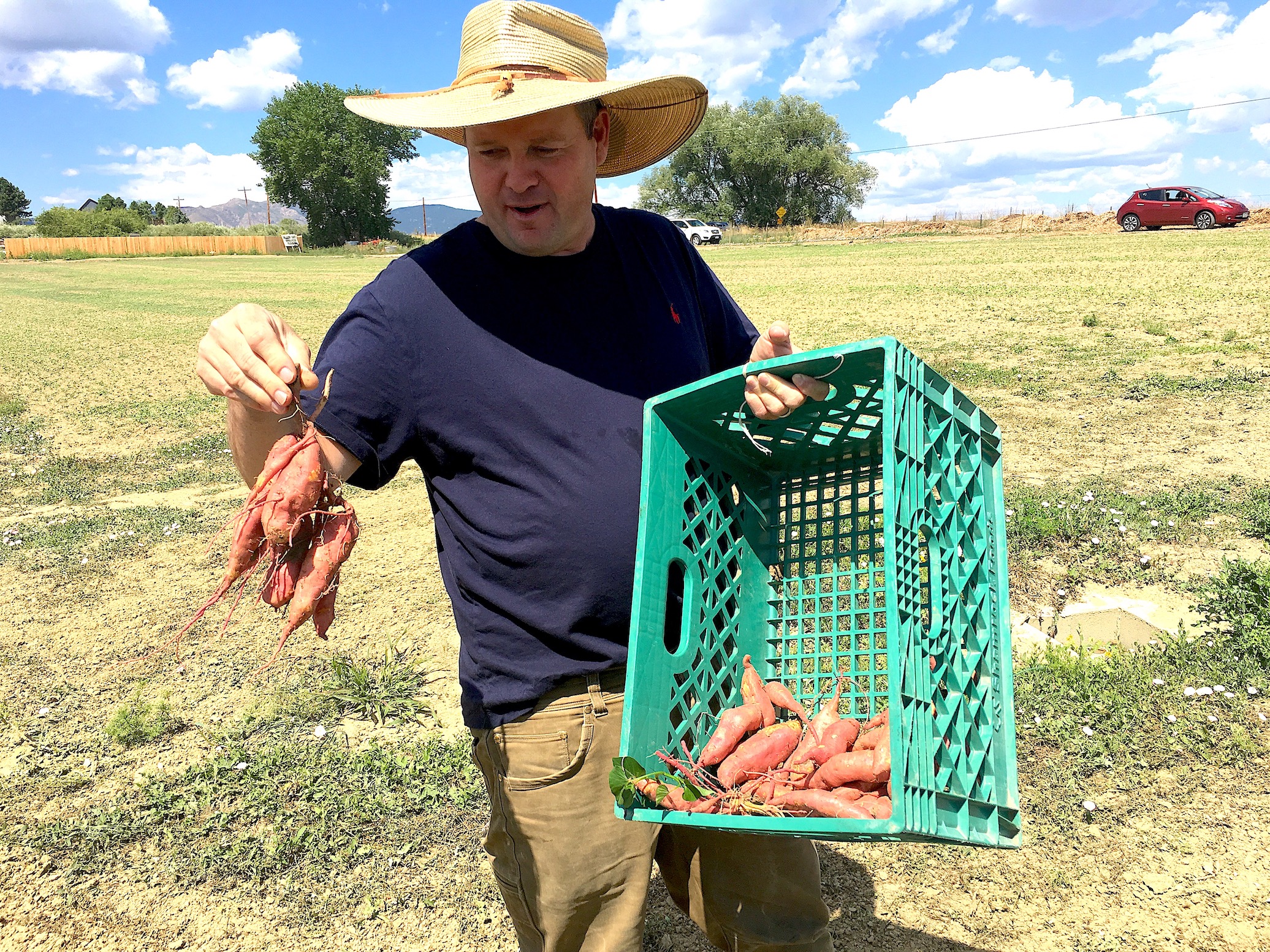 Eric with the first sweet potato harvest. We are eager to begin working with them in the kitchens.