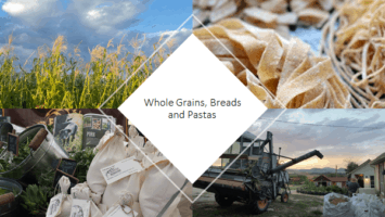 collage of pictures of farm equipment and food with words whole grains, breads and pasta