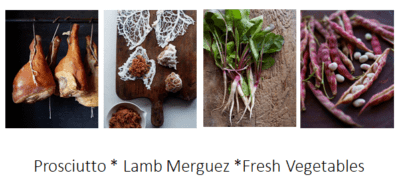 four food images with text below: prosciutto, lamb merguez, fresh vegetables